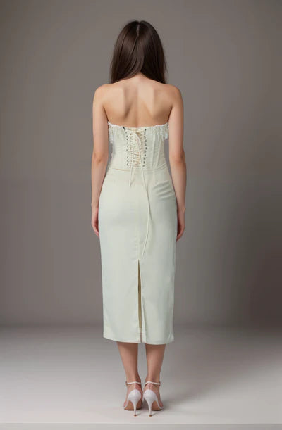 IVORY OFF-SHOULDER MIDI DRESS WITH PEARL FRINGE