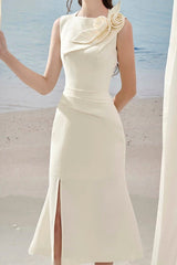 alani flower slim split midi dress in apricot