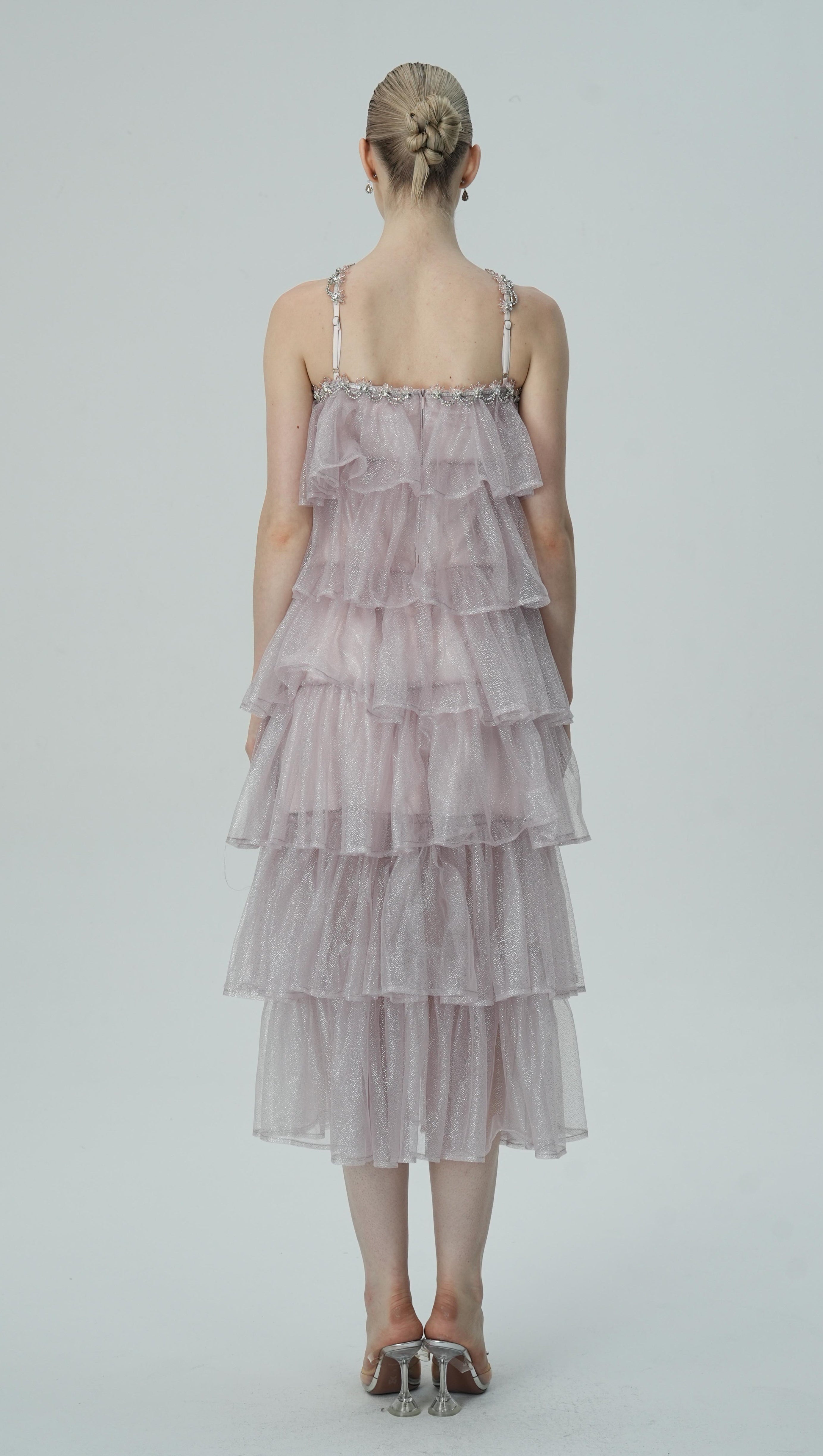 LAYERED RUFFLE HALTER DRESS WITH SPARKLE SHEER FABRIC