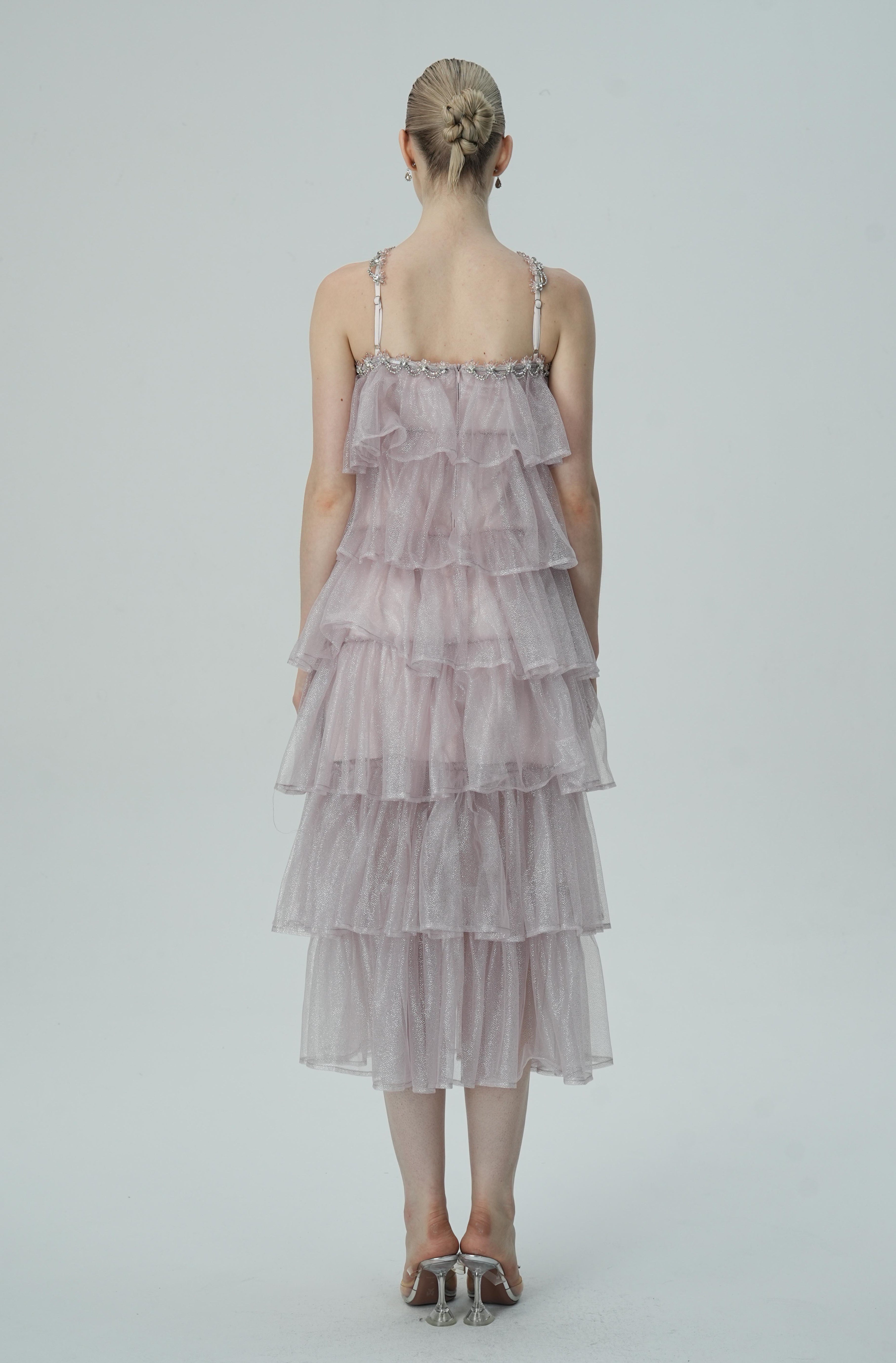 LAYERED RUFFLE HALTER DRESS WITH SPARKLE SHEER FABRIC