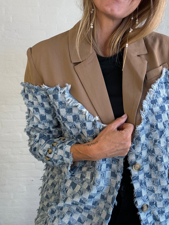 TWO-TONE DENIM CHECKS BLAZER IN KAHKI