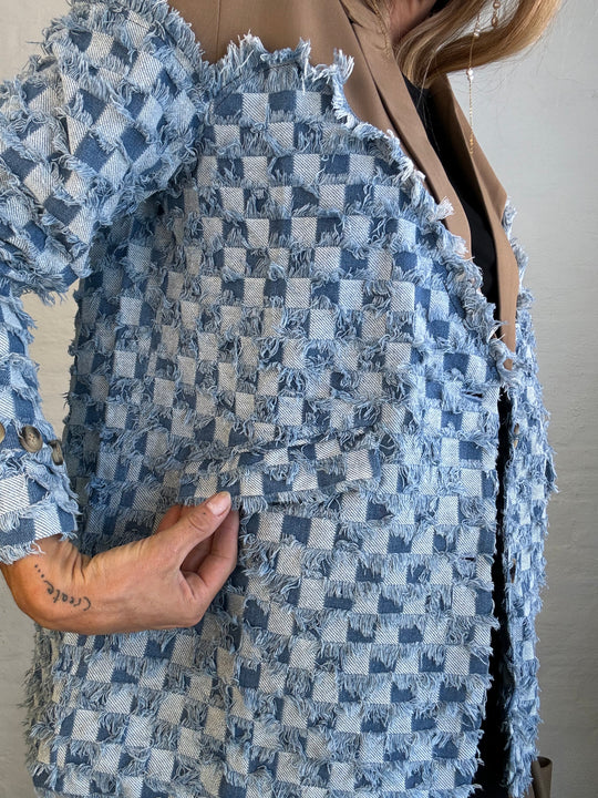 TWO-TONE DENIM CHECKS BLAZER IN KAHKI