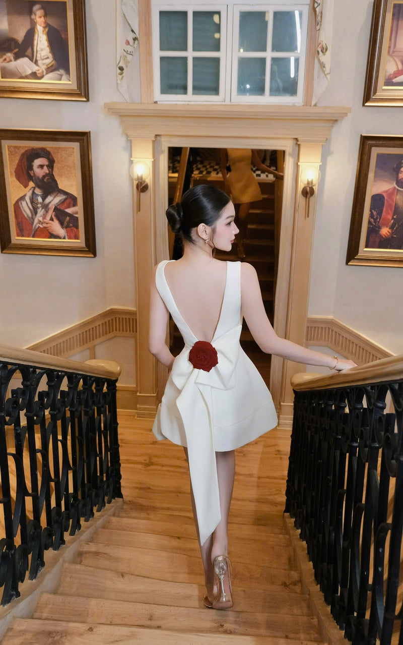 joanna backless flower bow embellished mini dress in white