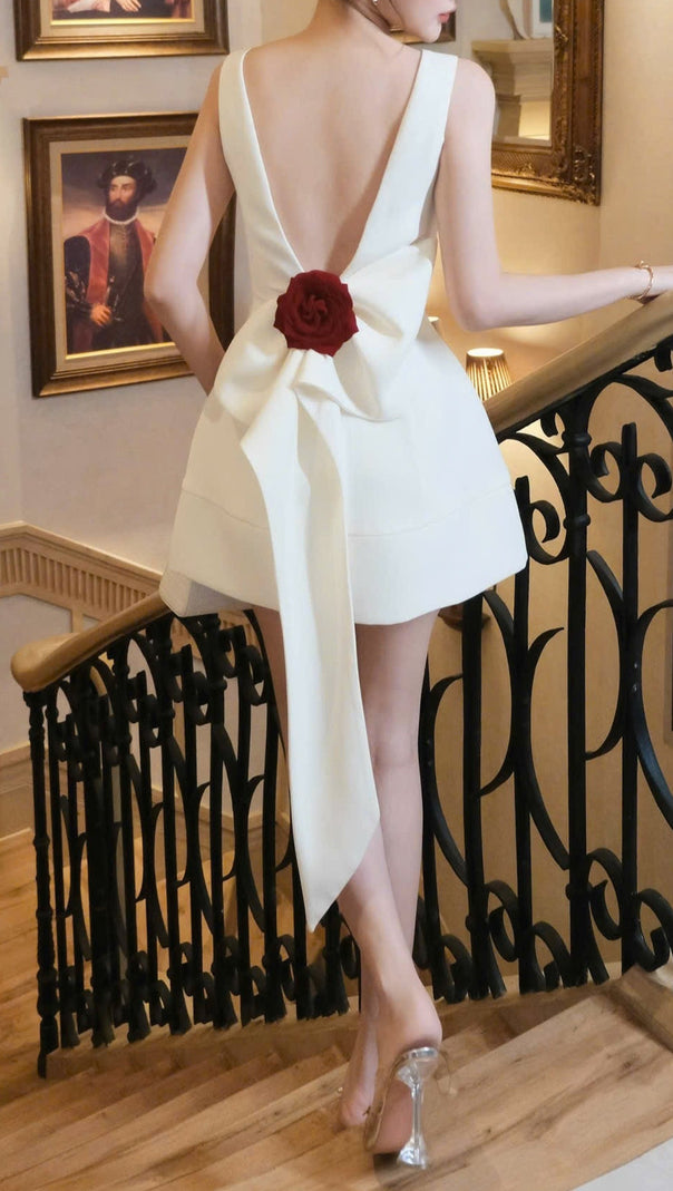 AIIZIE JOANNA BACKLESS FLOWER BOW EMBELLISHED MINI DRESS IN WHITE - product image