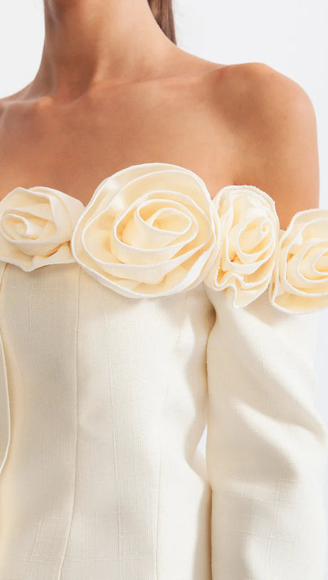 MINI ABITO ERICA 3D FLOREALE CON SPALLE SCOPERTE IN BIANCO