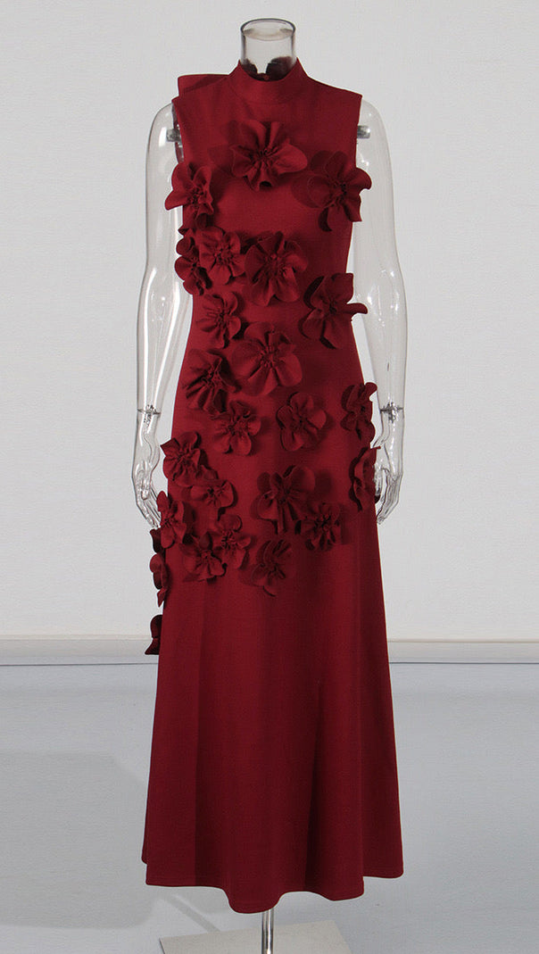 Annona Red Flower Embellished Maxi Dress