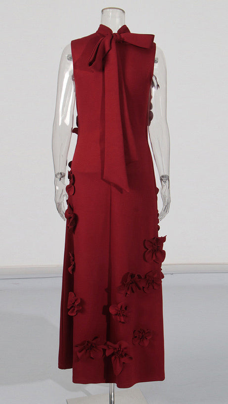 ANNONA RED FLOWER EMBELLISHED MAXI DRESS