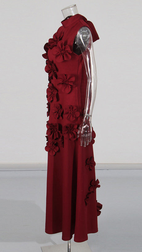 ANNONA RED FLOWER EMBELLISHED MAXI DRESS