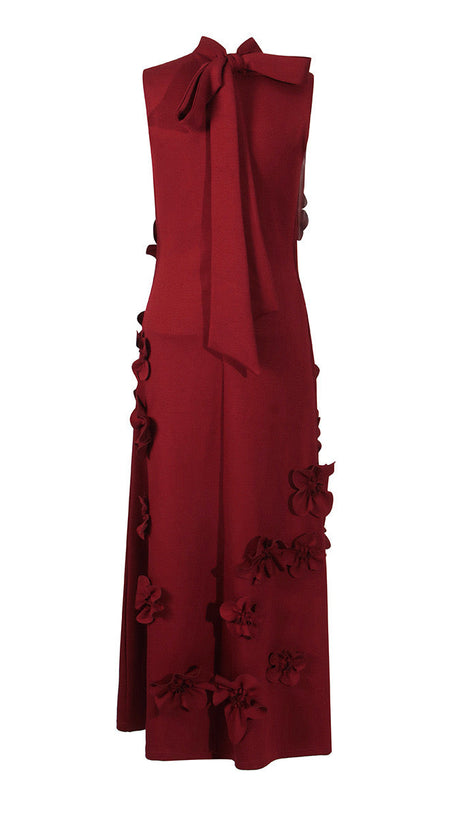 ANNONA RED FLOWER EMBELLISHED MAXI DRESS
