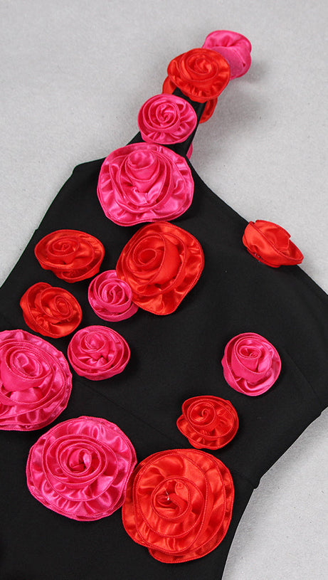 ABITO MIDI MONOSPALLA CON DETTAGLIO ROSA NERO