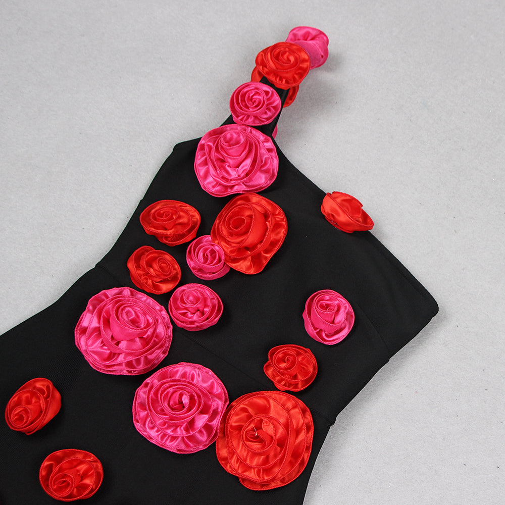 AIIZIE ONE SHOULDER ROSE DETAIL MIDI DRESS IN BLACK - product image