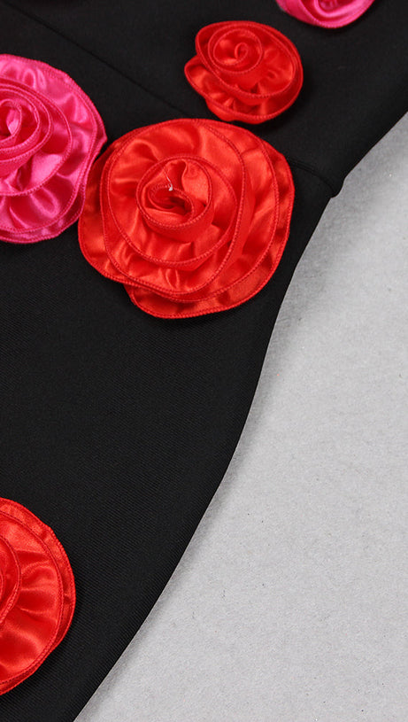 ABITO MIDI MONOSPALLA CON DETTAGLIO ROSA NERO