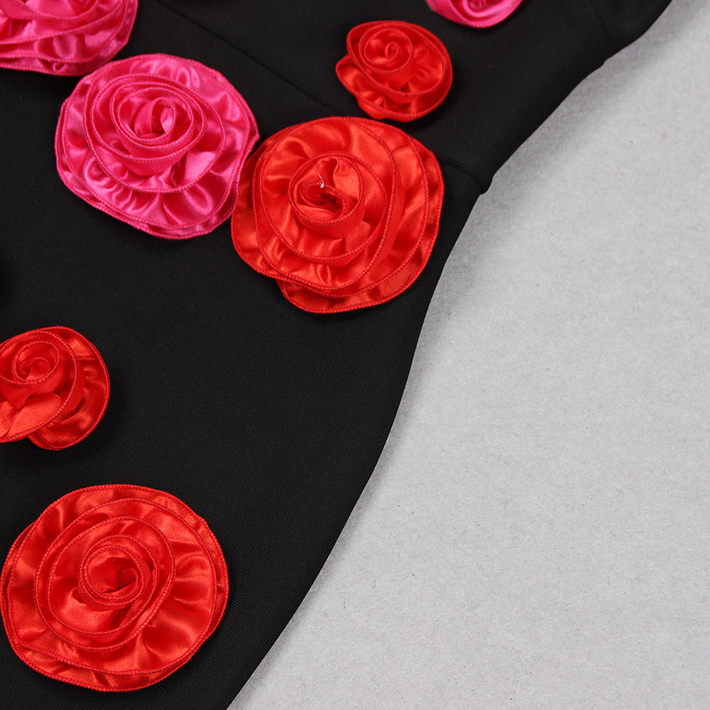AIIZIE ONE SHOULDER ROSE DETAIL MIDI DRESS IN BLACK - product image