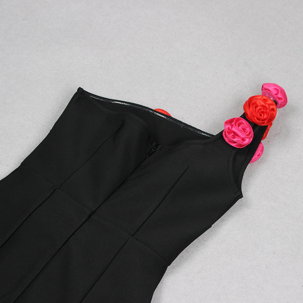 AIIZIE ONE SHOULDER ROSE DETAIL MIDI DRESS IN BLACK - product image