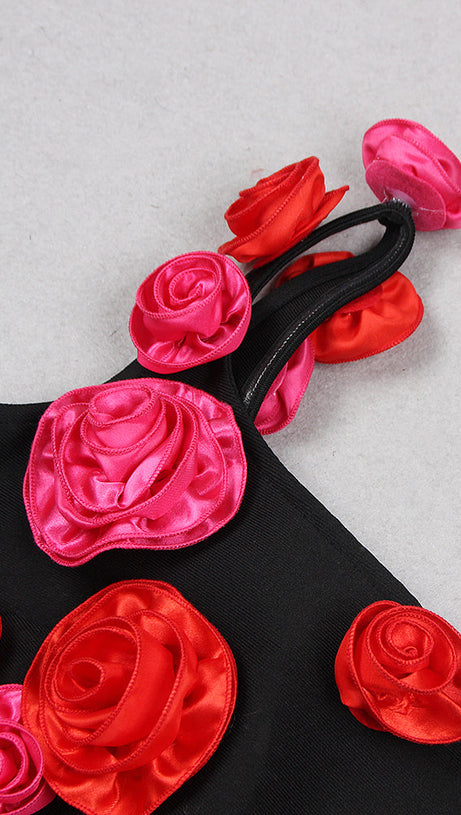 ABITO MIDI MONOSPALLA CON DETTAGLIO ROSA NERO