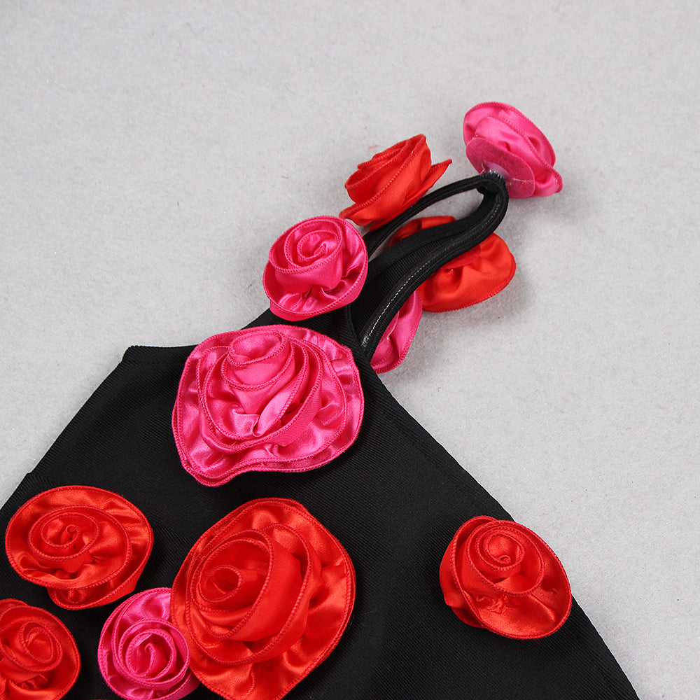 AIIZIE ONE SHOULDER ROSE DETAIL MIDI DRESS IN BLACK - product image