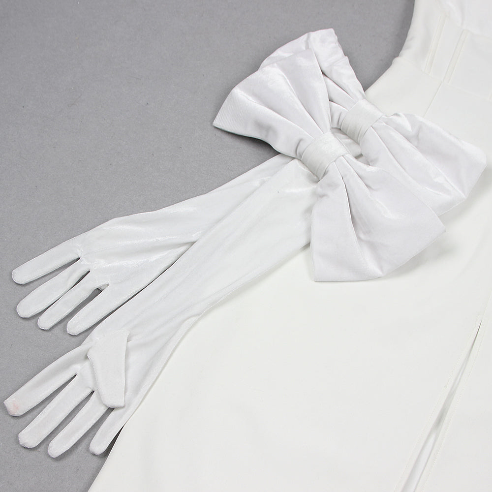 Weißes Bandage-Maxikleid mit Handschuhen 