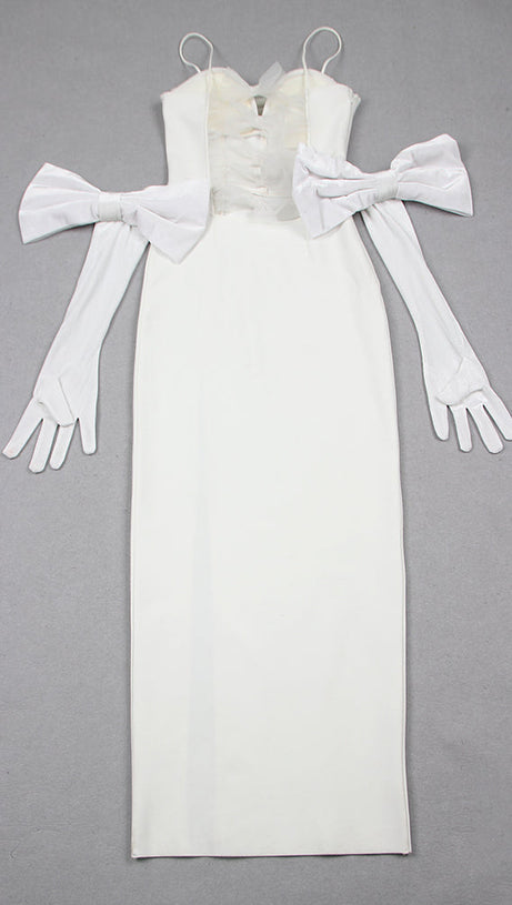WHITE BACK BANDAGE MAXI DRESS WITH GLOVES
