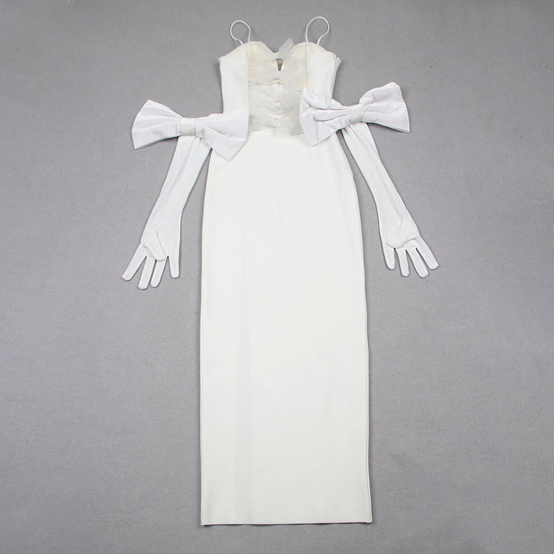 WHITE BACK BANDAGE MAXI DRESS WITH GLOVES