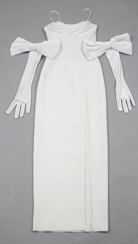 WHITE BACK BANDAGE MAXI DRESS WITH GLOVES
