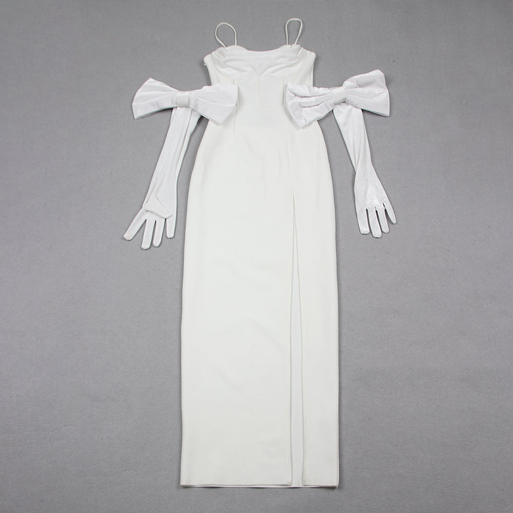 Weißes Bandage-Maxikleid mit Handschuhen 
