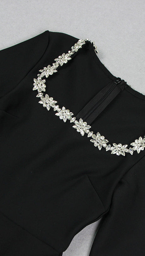 LONG SLEEVE CRYSTAL NECKLINE JUMPSUIT IN BLACK