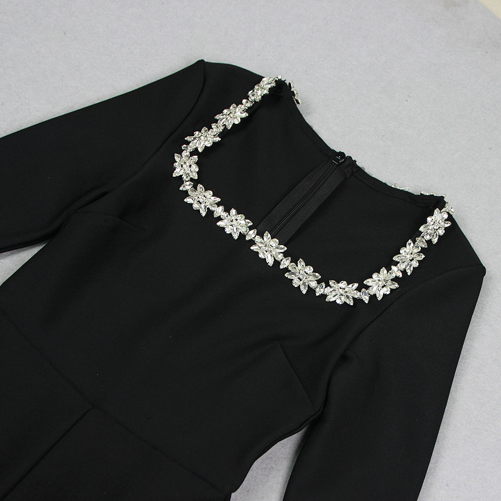 AIIZIE LONG SLEEVE CRYSTAL NECKLINE JUMPSUIT IN BLACK - product image