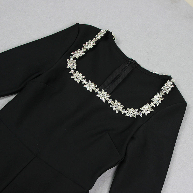 LONG SLEEVE CRYSTAL NECKLINE JUMPSUIT IN BLACK