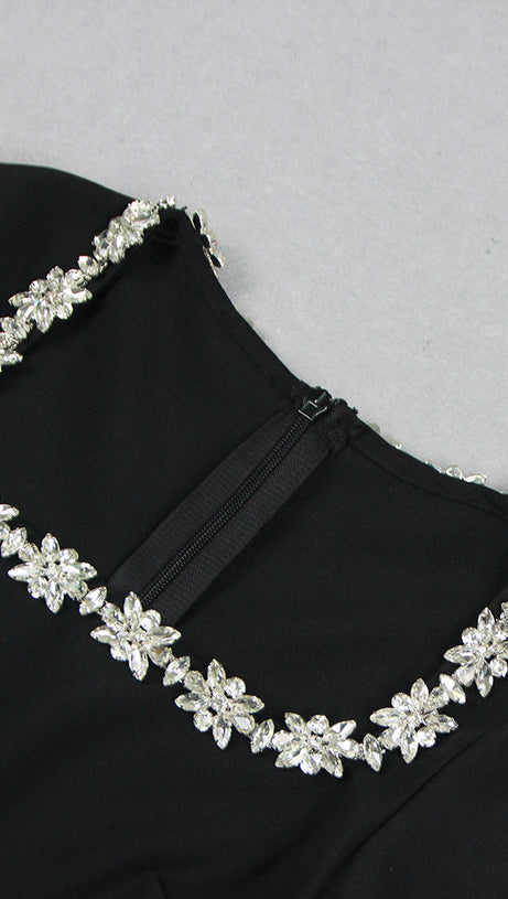 LONG SLEEVE CRYSTAL NECKLINE JUMPSUIT IN BLACK