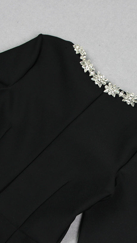 LONG SLEEVE CRYSTAL NECKLINE JUMPSUIT IN BLACK