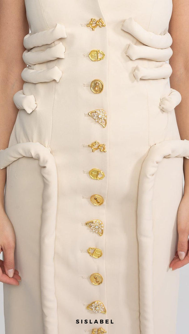 Strapless Midi Dress With Sculptural Knotted Bodice Detail And Jewel Buttons - Cream