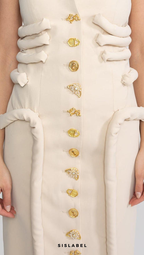 Strapless Midi Dress With Sculptural Knotted Bodice Detail And Jewel Buttons - Cream