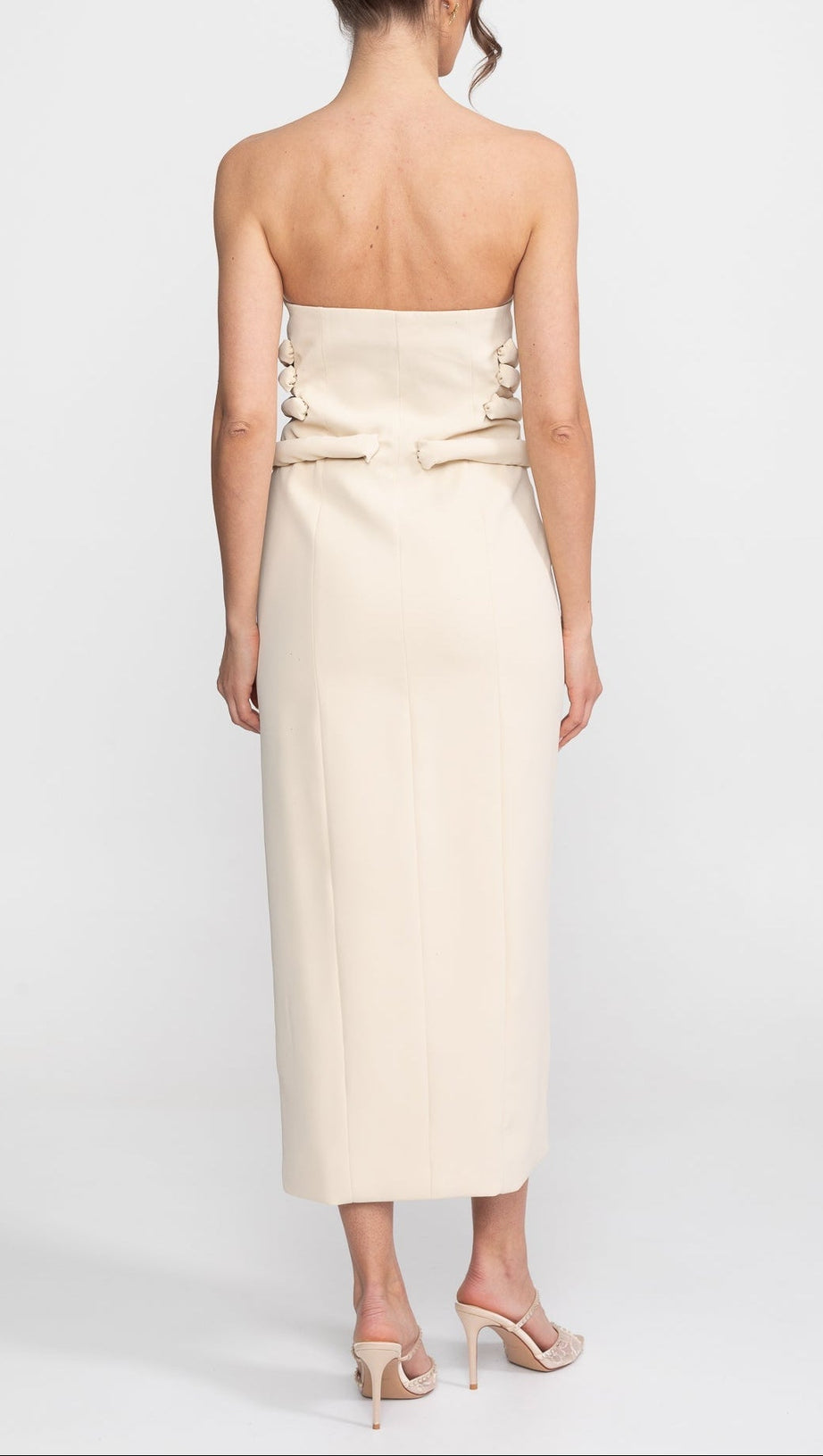 Strapless Midi Dress With Sculptural Knotted Bodice Detail And Jewel Buttons - Cream