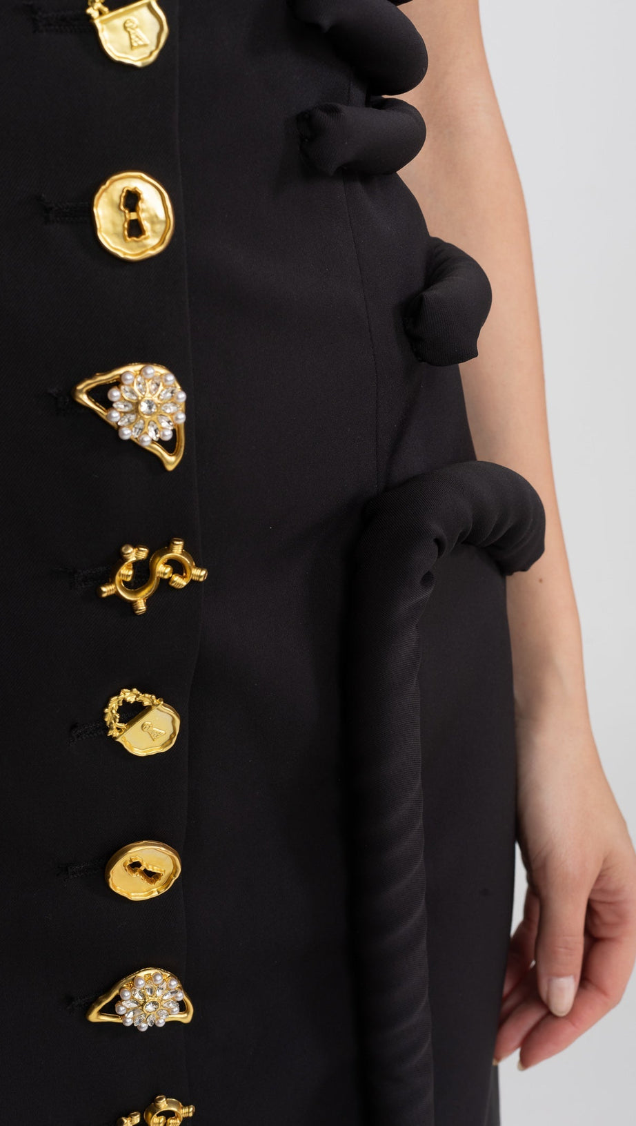 Black Midi Dress With Sculptural Knotted Bodice Detail And Jewel Buttons - Black