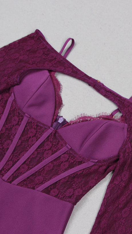PURPLE LACE AND CREPE MINI DRESS