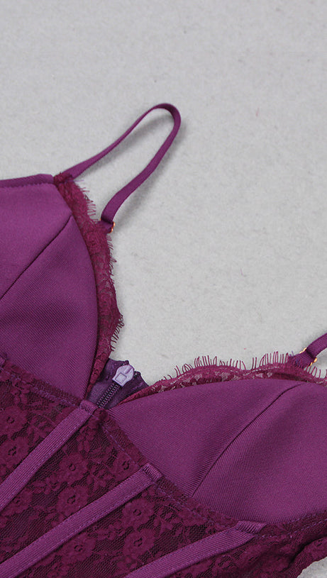 PURPLE LACE AND CREPE MINI DRESS