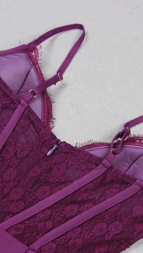 PURPLE LACE AND CREPE MINI DRESS