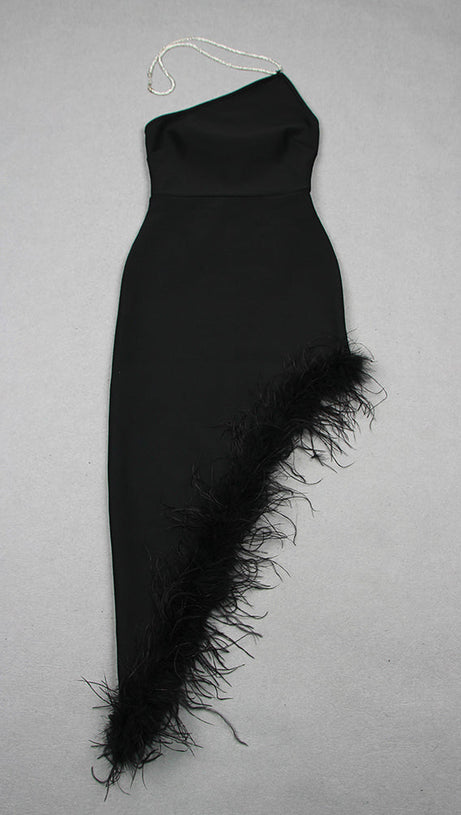 ABITO LUNGO CON SCOLLO A V E PIUME DI CRISTALLO IN NERO 