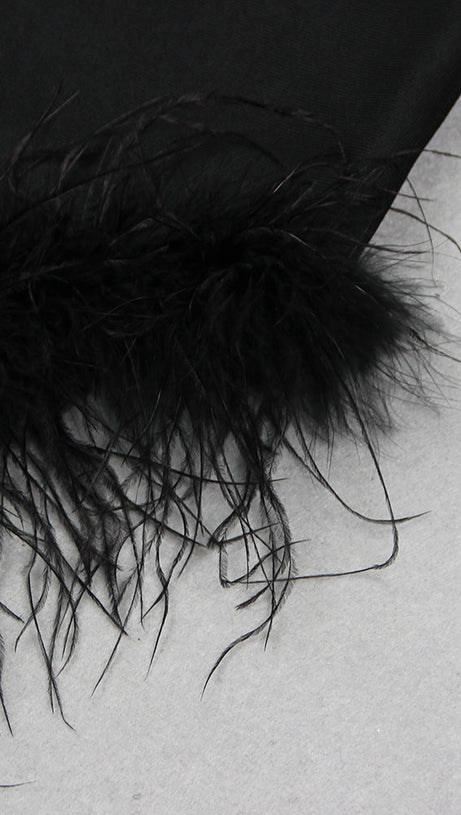 ABITO LUNGO CON SCOLLO A V E PIUME DI CRISTALLO IN NERO 