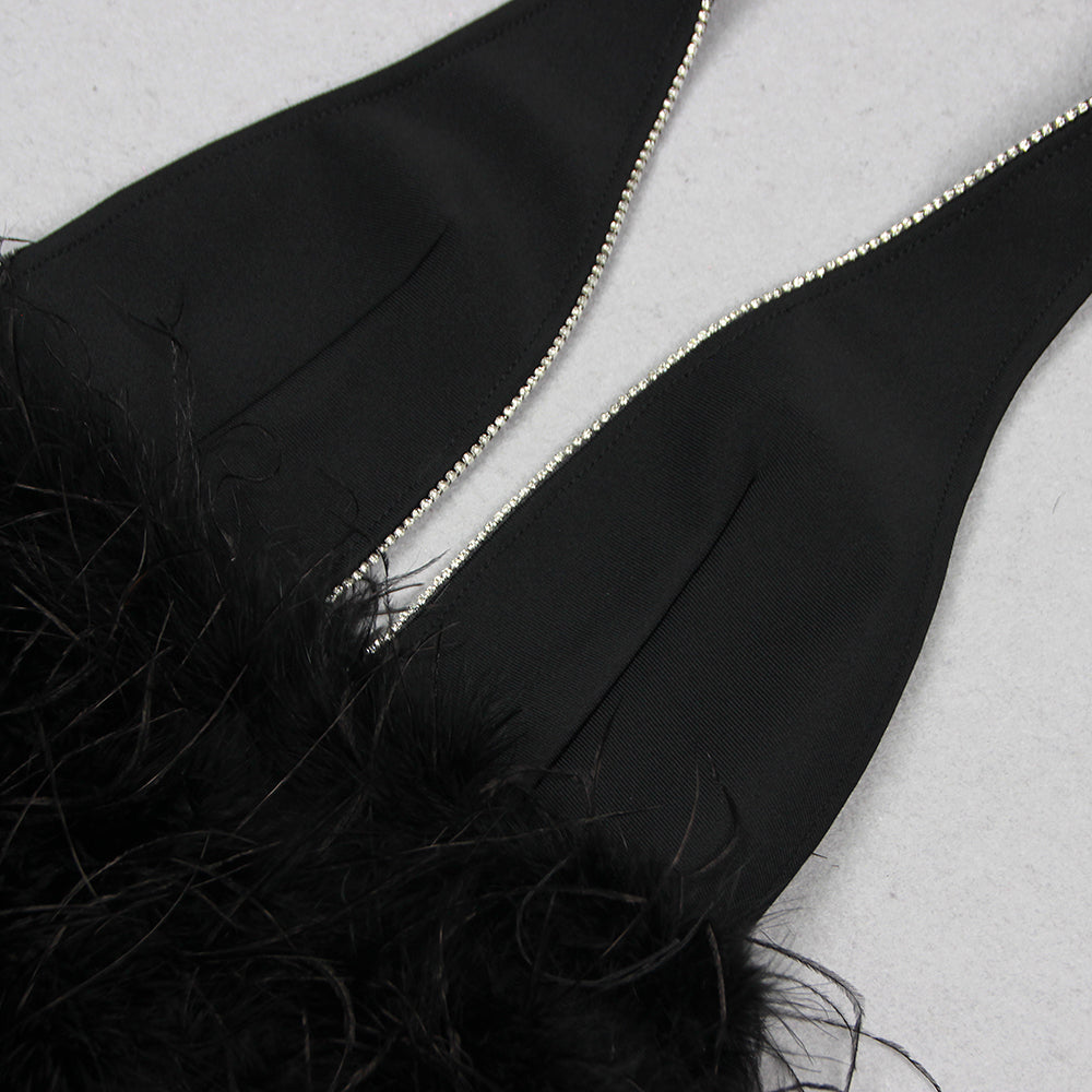 AIIZIE PLUNGE HALTER NECK FAUX FEATHER MINI DRESS - product image