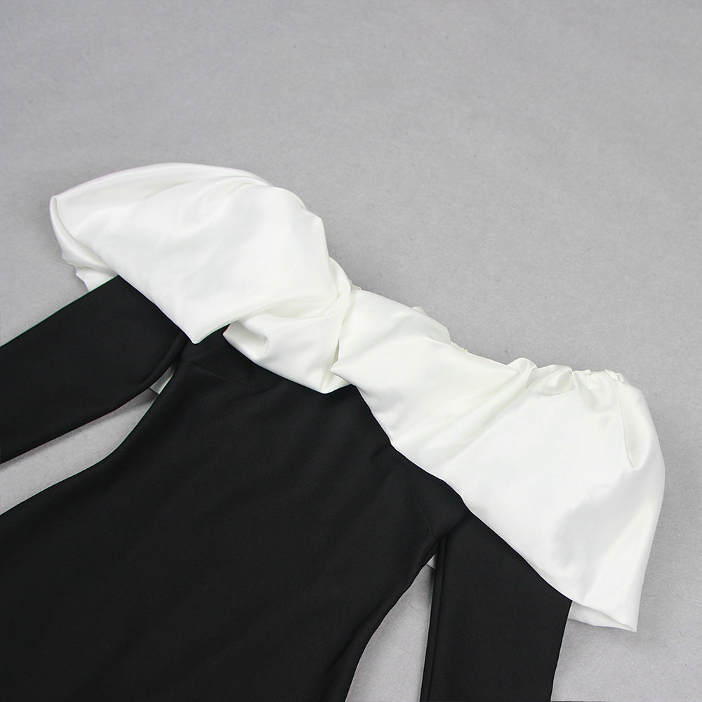 AIIZIE LONG SLEEVE PUFF BARDOT MIDI DRESS BLACK WHITE - product image