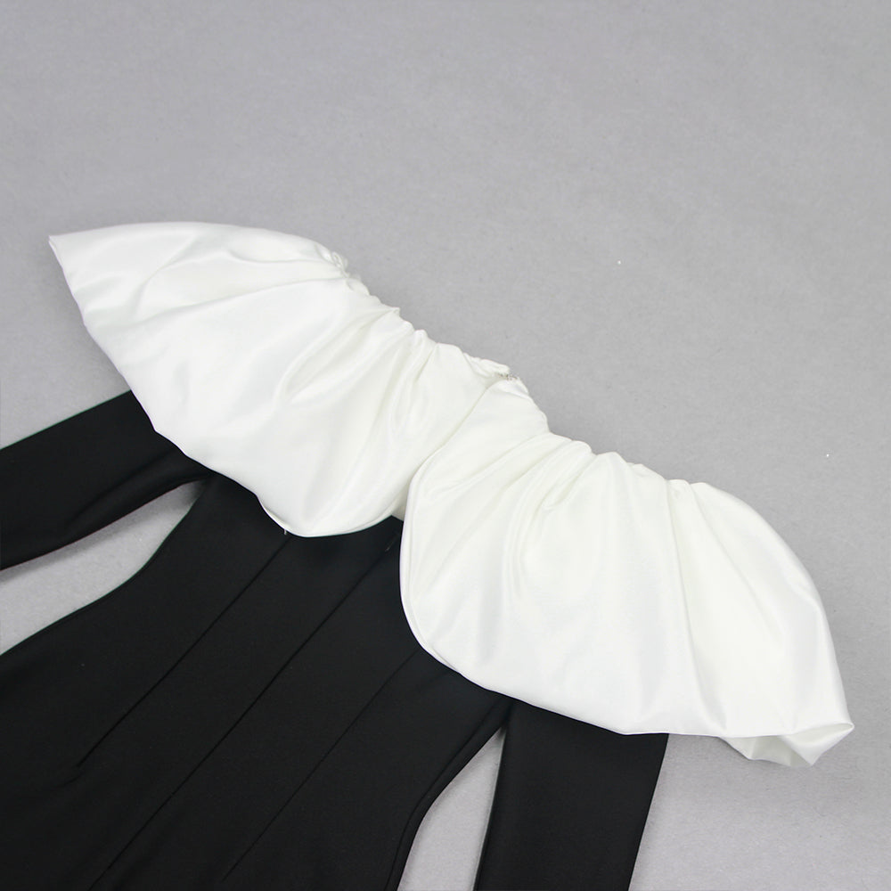 AIIZIE LONG SLEEVE PUFF BARDOT MIDI DRESS BLACK WHITE - product image