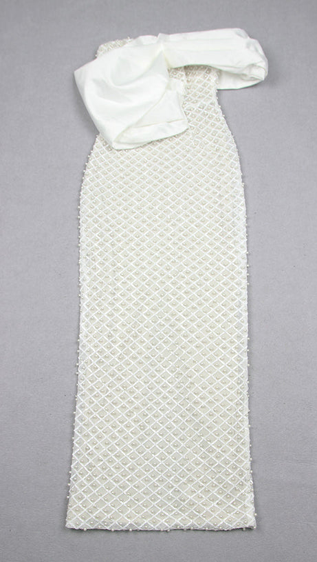 PEARL EMBELLISHED OFF-SHOULDER MIDI DRESS