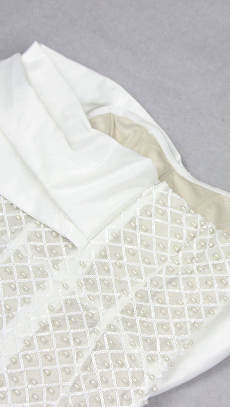 PEARL EMBELLISHED OFF-SHOULDER MIDI DRESS