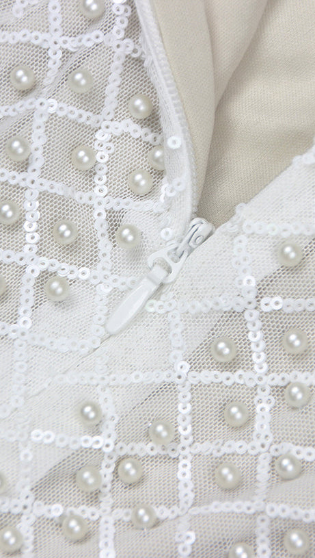 PEARL EMBELLISHED OFF-SHOULDER MIDI DRESS