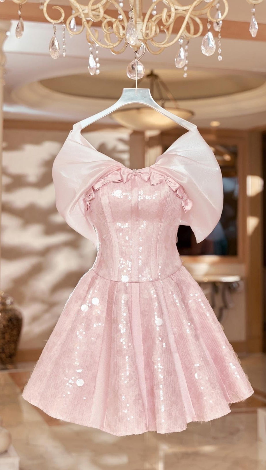 STRAPLESS SEQUIN MINI DRESS IN PINK