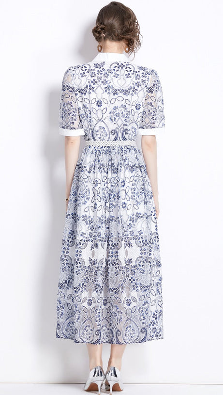 V NECK SPLICED BELTS EMBROIDERY MIDI DRESS IN BLUE