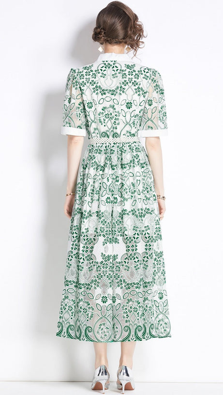 V NECK SPLICED BELTS EMBROIDERY MIDI DRESS IN GREEN