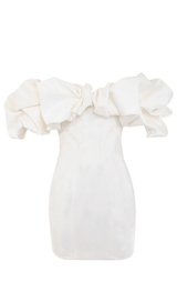 IVORY SATIN RUFFLE STRAPLESS DRESS