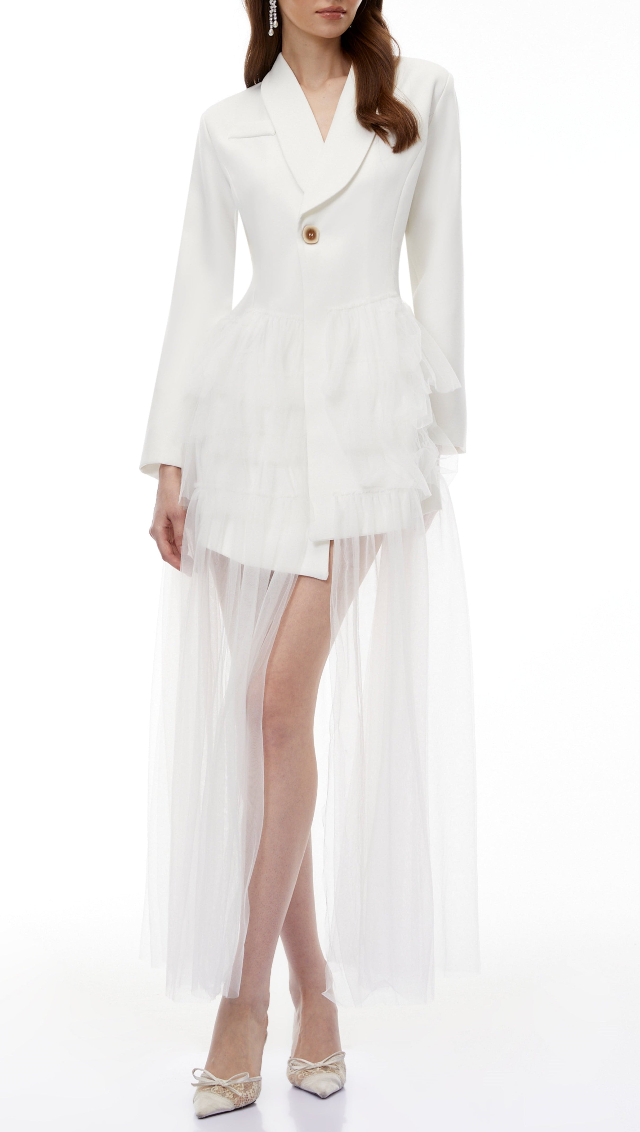 Illyria White Blazer Maxi Dress with Ruffled Tulle